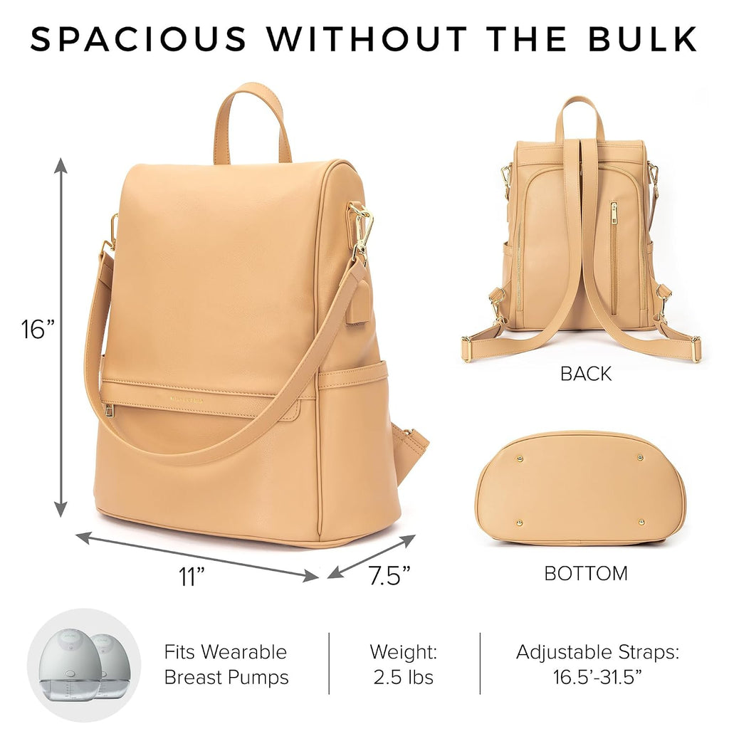 Leather Diaper Bag Backpack with USB Charging port, Changing Pad and Stroller Straps (Brown Mia)