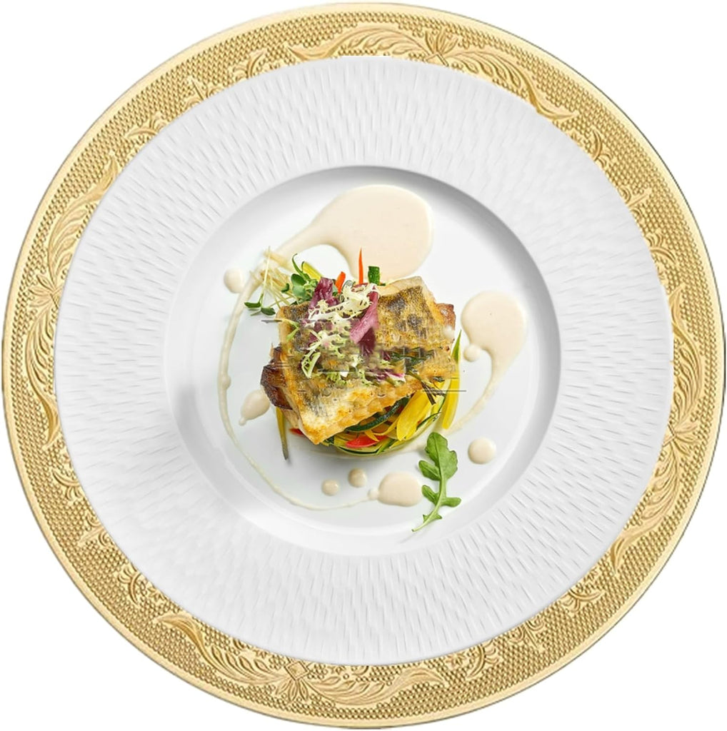Gold Charger Plate, 13 Inch Heavy Weight Charger Plates for Dinner, Reusable Plastic Embossed Table Chargers - Set of 12