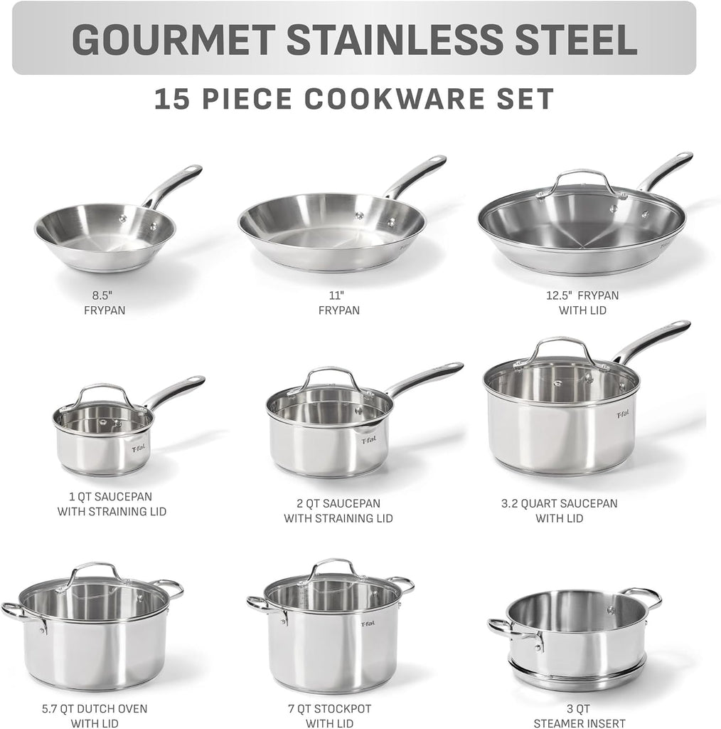 Gourmet 15-Piece Stainless Steel Pots and Pans Set, Induction Compatible