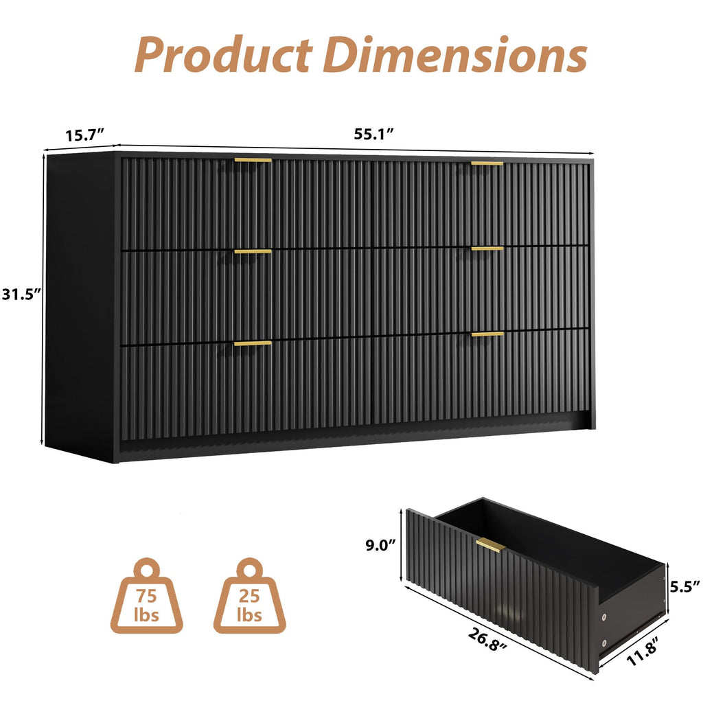 55" Wide Fluted 6-Drawer Double Dresser, Black