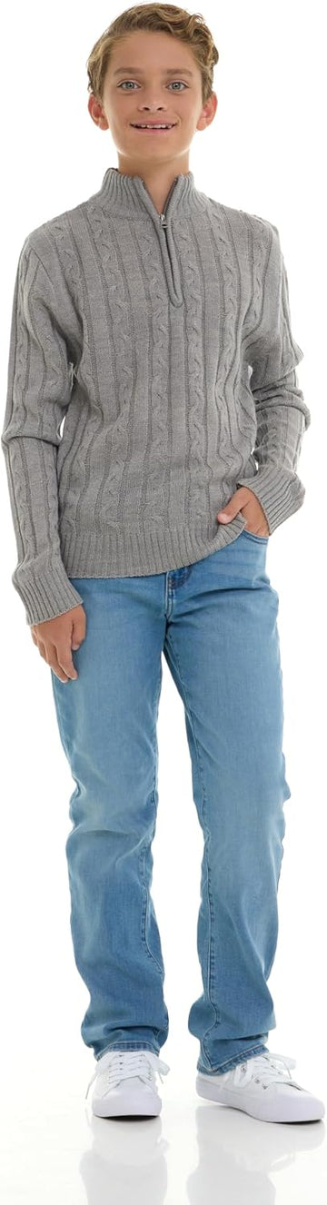 Boys Quarter Zip Cable Knit Sweater - Classic Warm Pullover for Kids. Black, Navy, Red