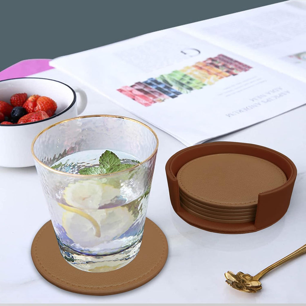 Coasters Soft Leather Drink Coaster Round Coaster with Sewing Around, Suitable for Various Cups, Wooden - Set of 6