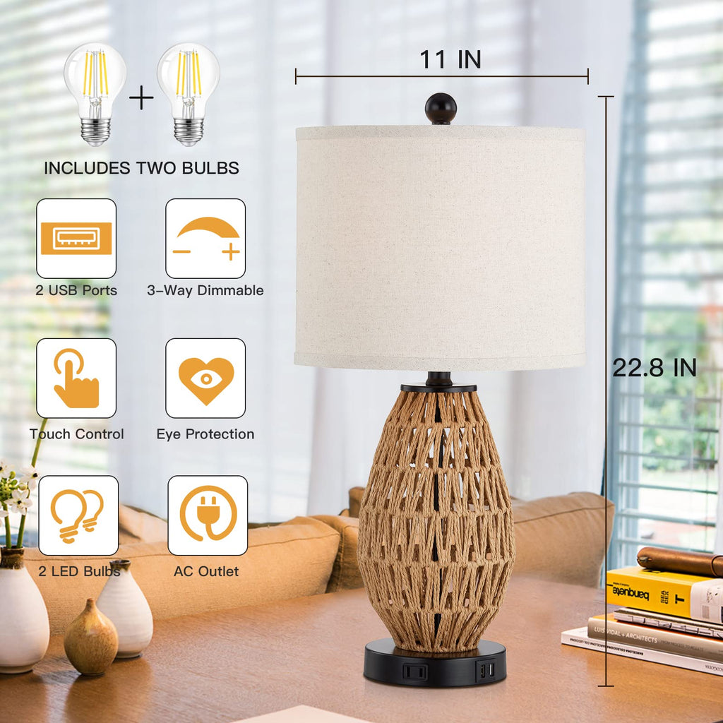 Touch Control Rattan Table Lamp, 3 Way Dimmable Bedside Lamp with 2 USB Ports and AC Outlet, Wicker Nightstand Lamps
