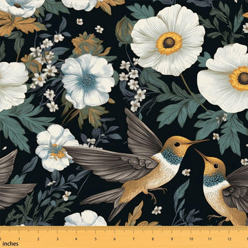 Hummingbird Fabric by The Yard, Botanical Flowers Rustic DIY Art Project, Jungle Wild Plants Decor, Vintage Farm Garden