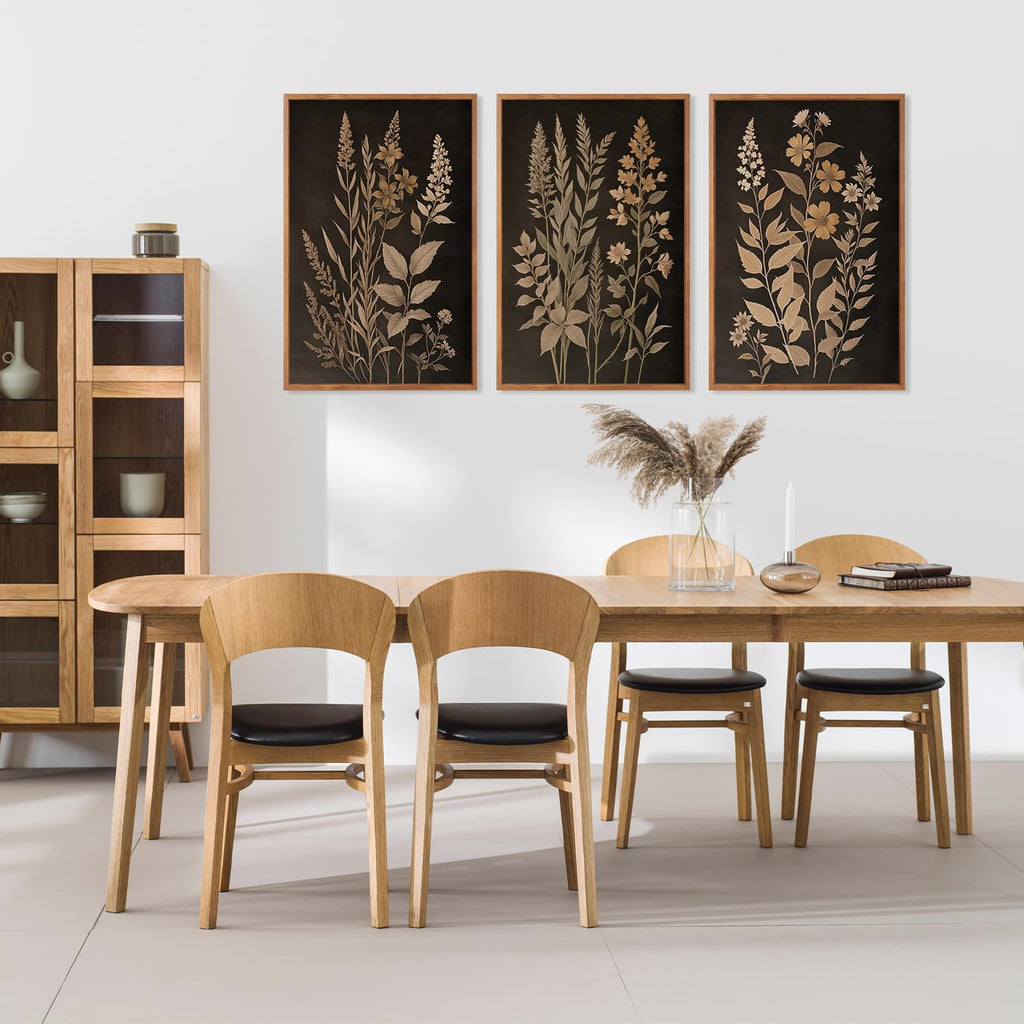 Vintage Botanical Fern Framed Canvas Wall Art Set, Black and Tan Plant Leaves Wall Decor, Modern Farmhouse Art