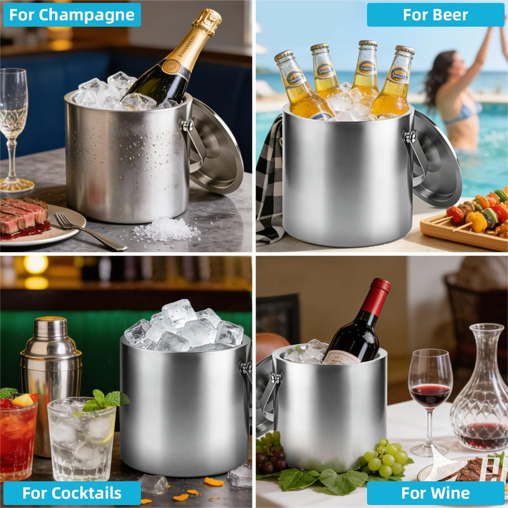3L Double-Wall Stainless Steel Ice Bucket with Lid & Tongs
