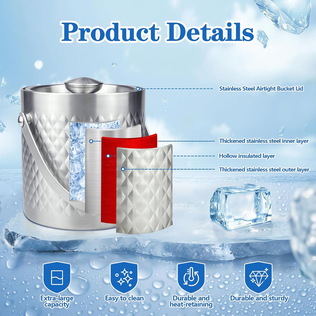 3.6 QT / 3.4L Stainless Steel Ice Bucket with Lid, Scoop & Tongs, Double Wall Insulated Ice Bucket for Parties