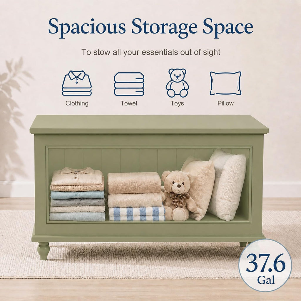 Vintage End of Bed Storage Bench, 39.4'' Wooden Chest with Flip Top, Green | Toy Storage Chest, Bedroom Trunk, 37.6