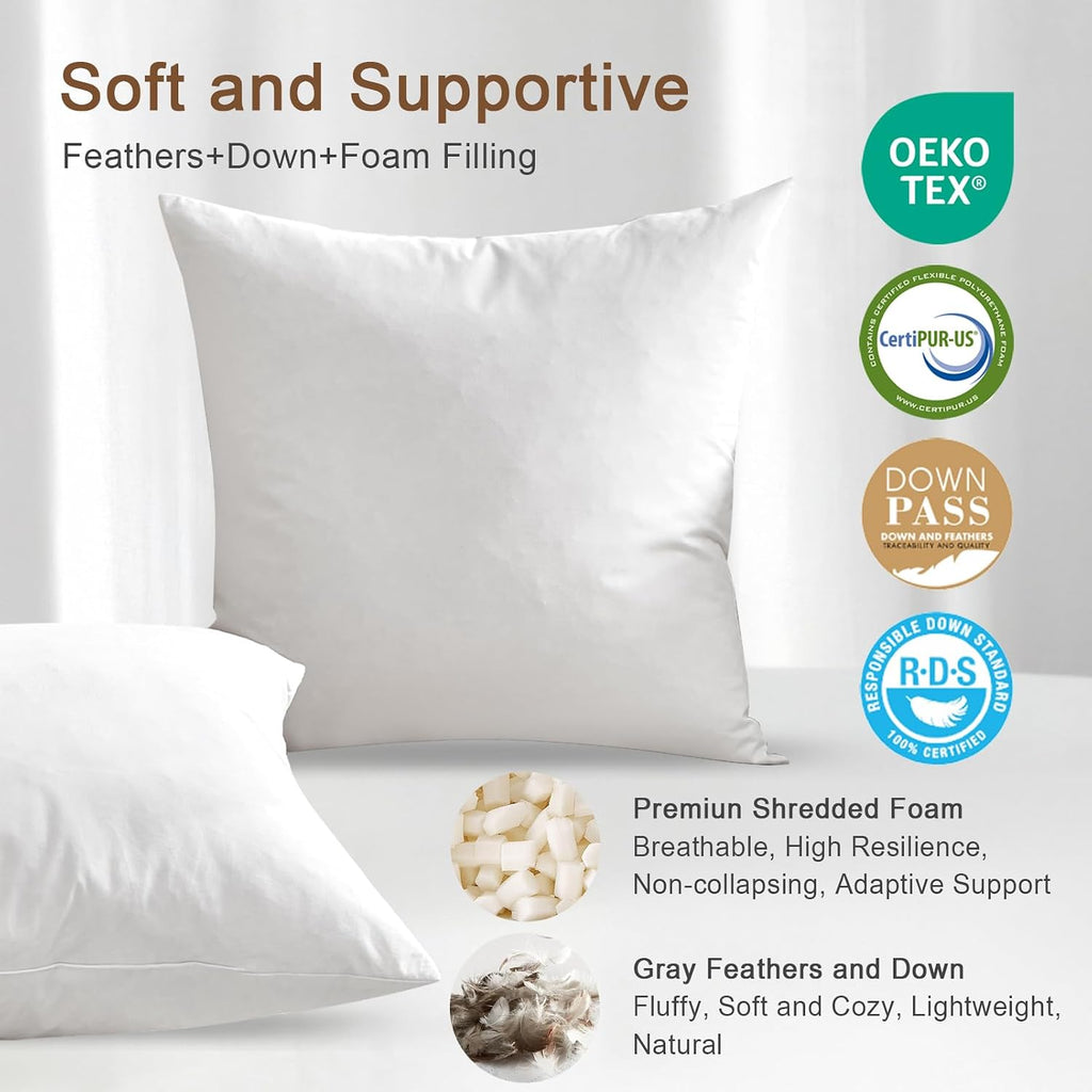 Organic Feather Down Throw Pillow Inserts 22x22 Inch - Set of 2