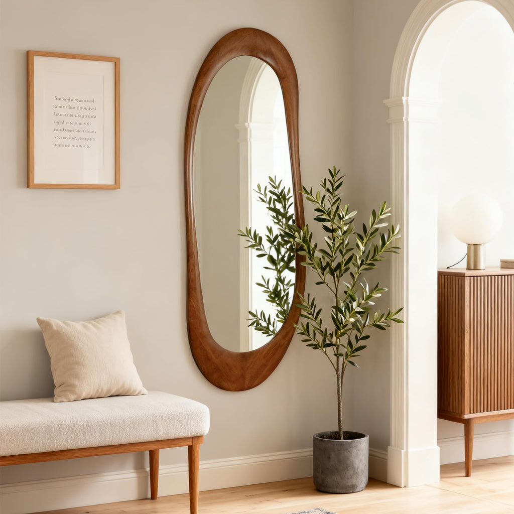 Asymmetrical Full Length Wooden Mirror, 22.5" x 63" Irregular Solid Wood Wall Mirror, Boho Decor Living Room
