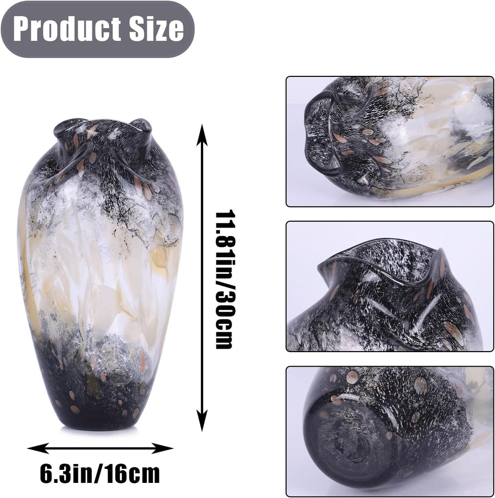 Murano Style Glass Vase, Hand Blown Decorative Art Vase with Ruffled Opening for Flowers, Shelf Tabletop Mantel