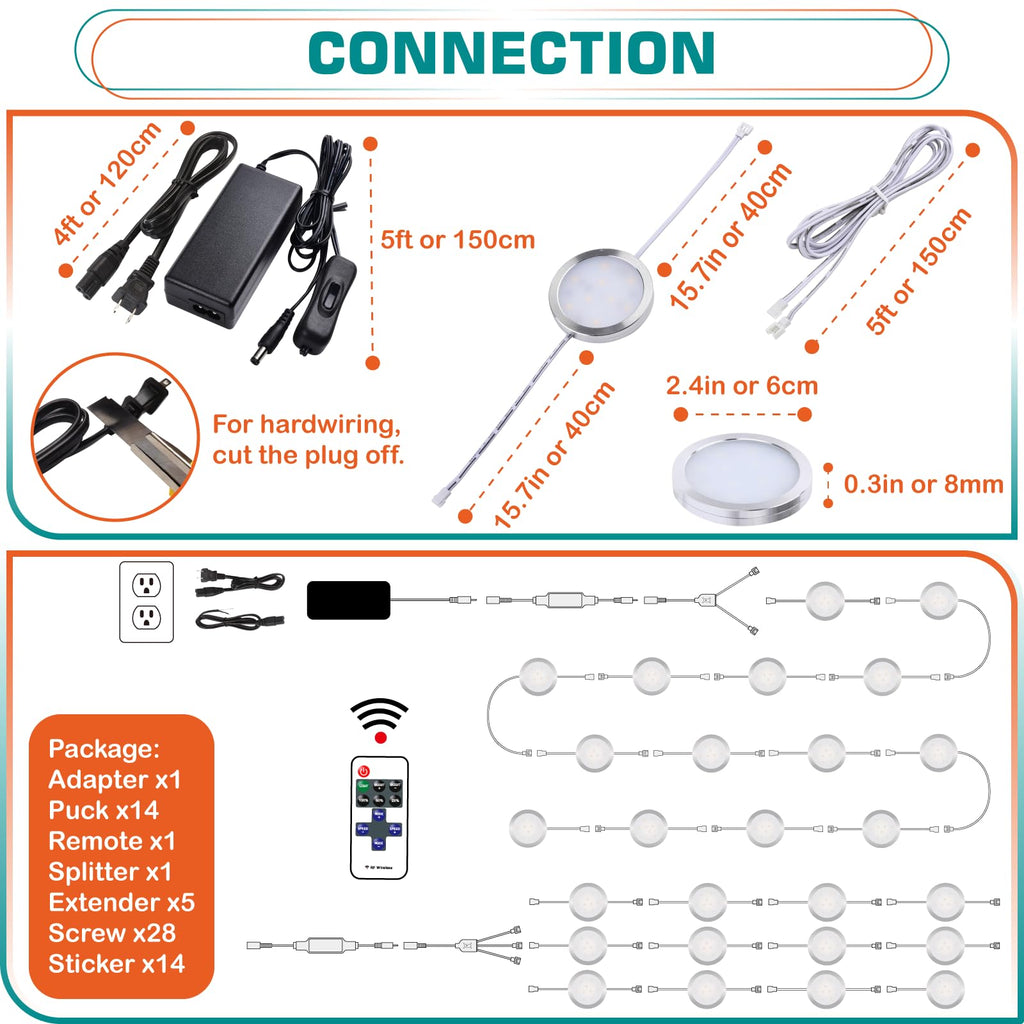 Under Cabinet Lighting Kit, Curio Display Case Lighting, Dimmable Wireless RF Remote Control, Linkable Wired LED Puck