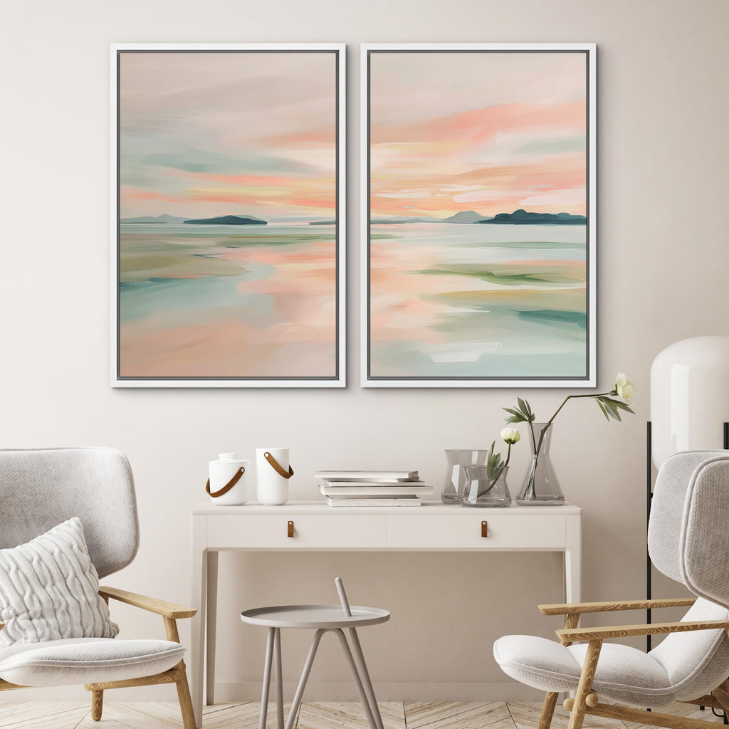 Framed Canvas Print Wall Art Set Soft Color Ocean Beach Illustrations Modern Art Rustic Colorful Ultra - 16"" x24 x2