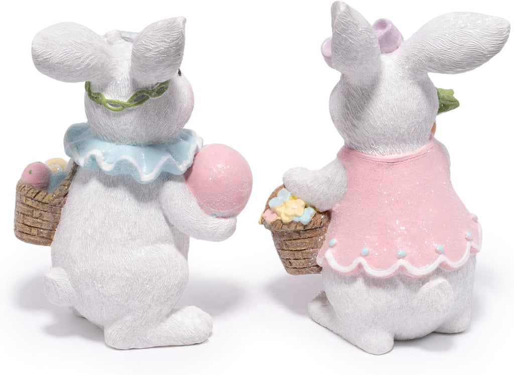 Easter Bunny Figurines Set, Spring Rabbit Decor with Easter Eggs Basket, Floral Wreath Bunny Statues, Tabletop Home - Set of 2