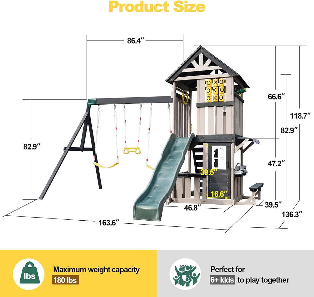 Cedar Wood Swing Set with Slide,Rock Wall,Belt Swings,Tic-Tac-Toe, Play Kitchen for Kids Backyard Outdoor