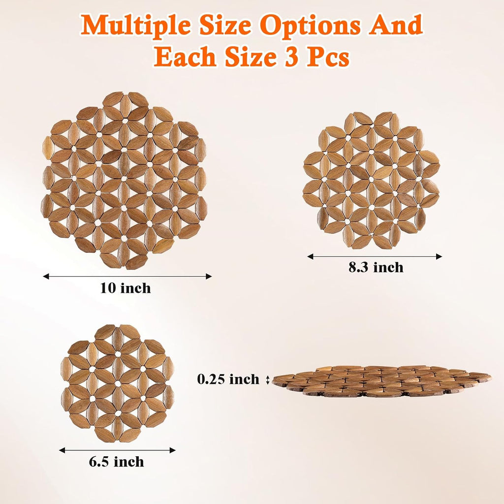 Bamboo Trivet Mat for Hot Dishes, 6.5/8.3/10 Inch Heat Resistant Hot Pads Trivets, Hot Pad to Protect Your - Set of 9