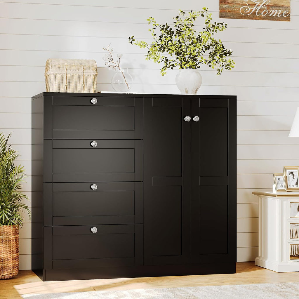43''H Armoire Wardrobe Closet with 4 Drawers and 2 Doors | Small Clothing Storage Cabinet Dresser with Hanging Rod