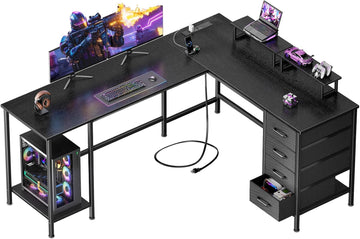 59 inch L Shaped Computer Desk with Power Outlets, Black | Ideal , Corner, 4 Adjustable Storage Drawers, 2 Monitor