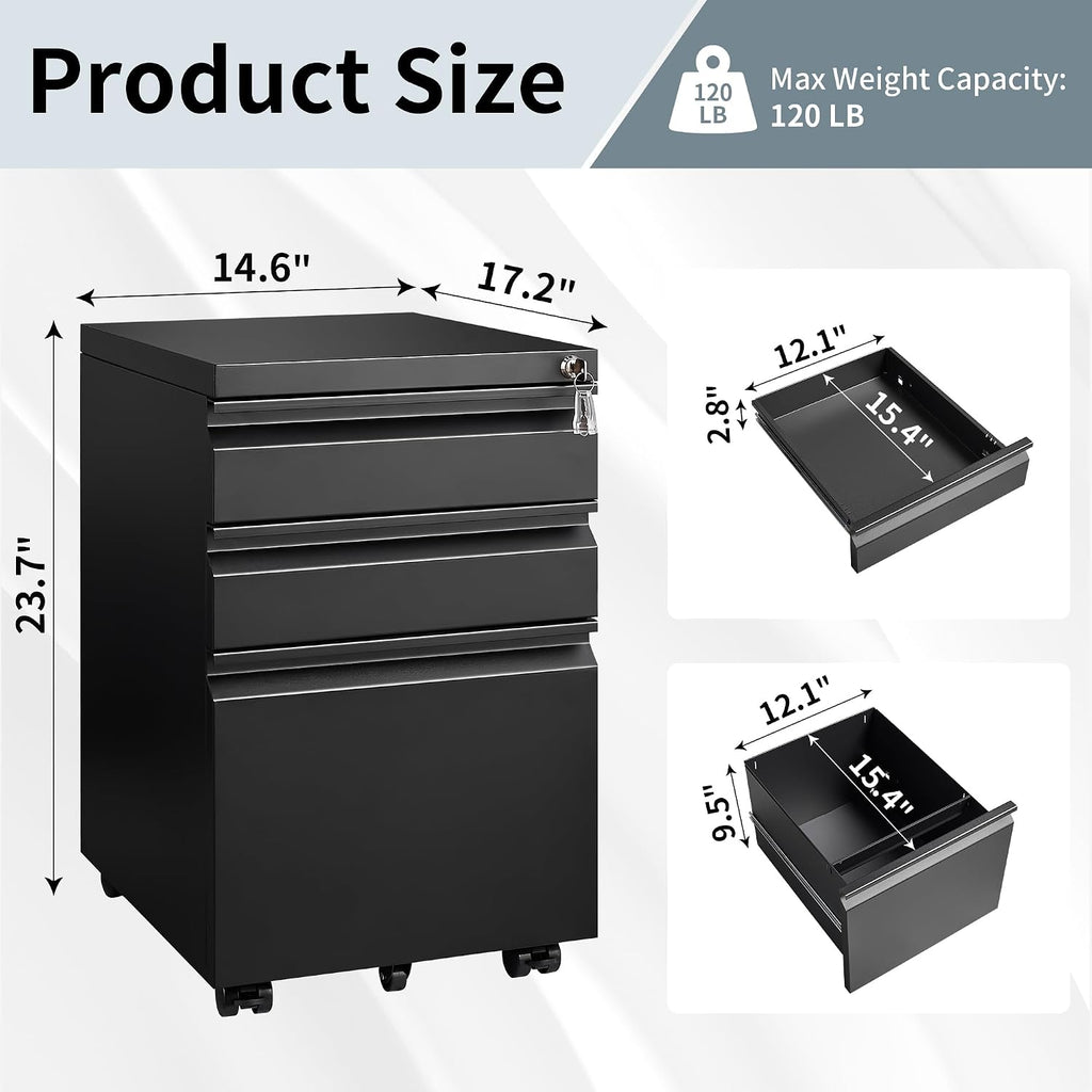 3 Drawer File Cabinet , Under Desk Mobile Filing Cabinet with Lock for A4-Size/Letter-Size/Legal-Size, Black (HSEJ-3D)