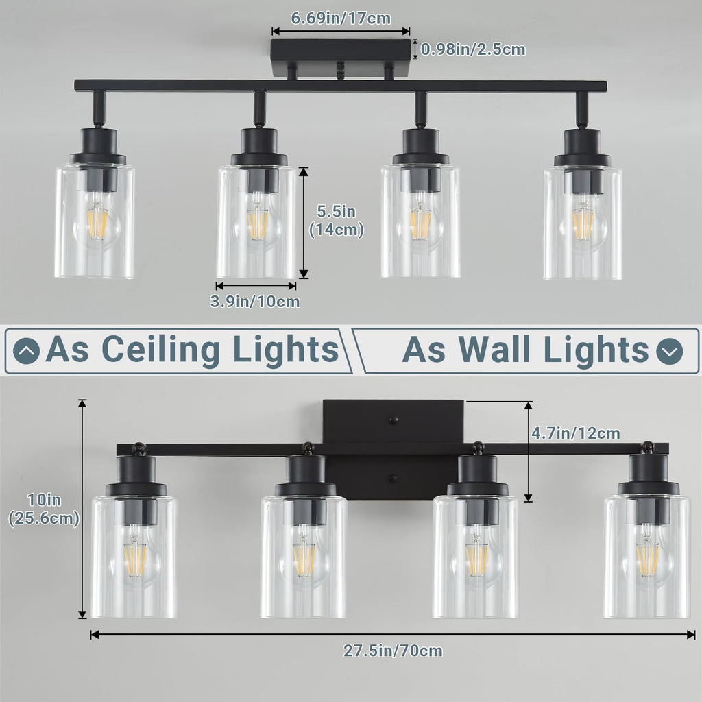 4 Light Kitchen Track Light Fixtures Ceiling Vanity Lights Black, Bathroom Track Lighting Kit w/Rotatable Heads &