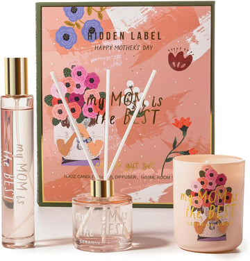Soy Candle Set: Geranium & Rose 'Best Mom' Gift with Reed Diffuser & Room Spray - Set of 3