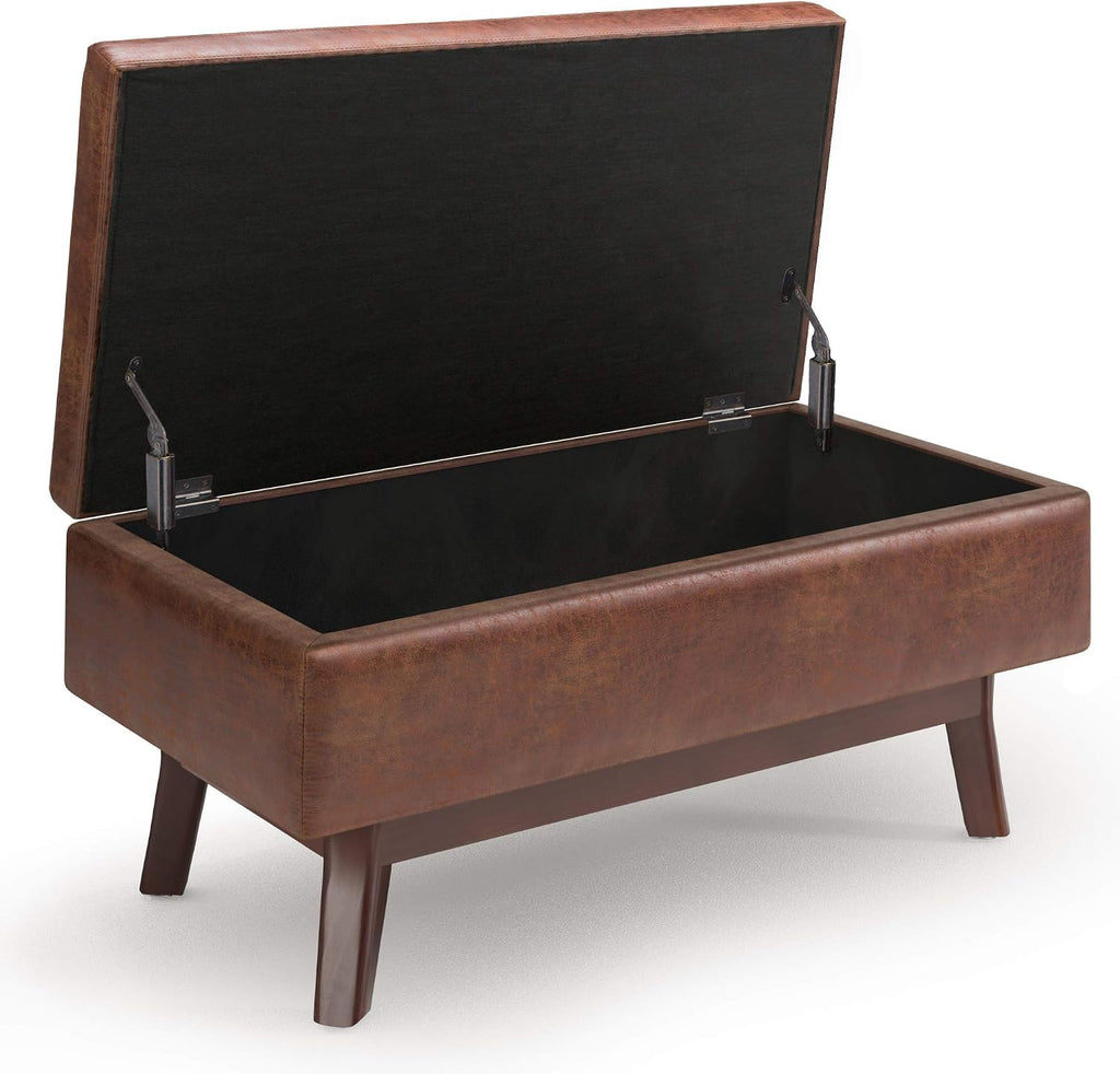 Owen 36" Wide Vegan Leather Lift Top Ottoman in Saddle Brown | Distressed saddle brown, mid-century modern lift-top