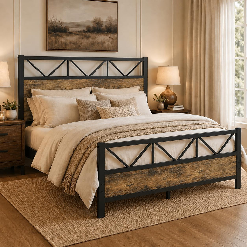 Bed Frame, 51.2" Tall Industrial Headboard, Rustic Brown