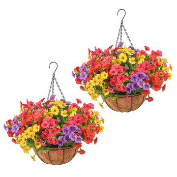 Artificial Flowers Outdoors with Hanging Baskets, Realistic UV Resistant Fake Hanging Plants, Set of 2 Hanging