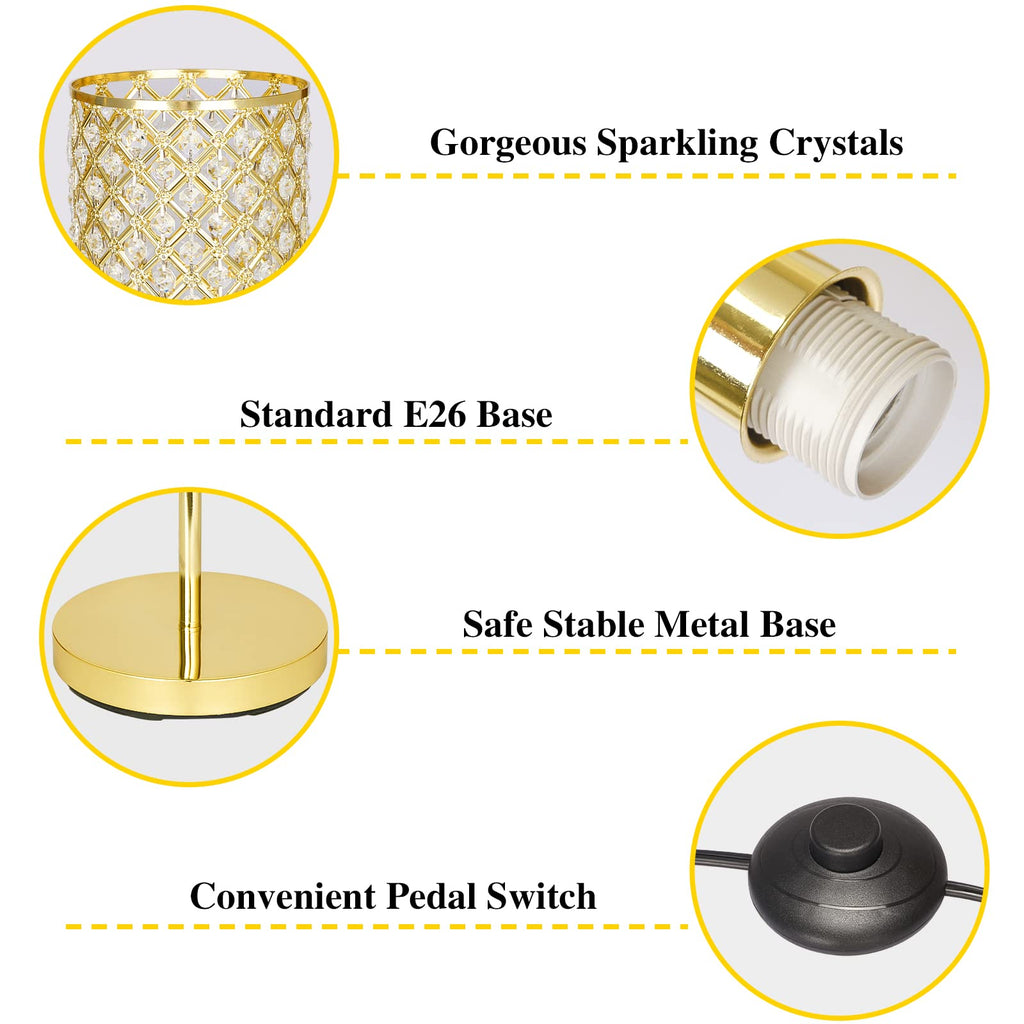 Gold Floor Lamp, Crystal Tall Pole Lamp with On/Off Foot Switch
