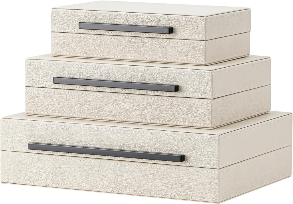 Beige Shagreen Decorative Storage Boxes with Black Metal Handles -Faux Leather Large Modern Stackable - Set of 3
