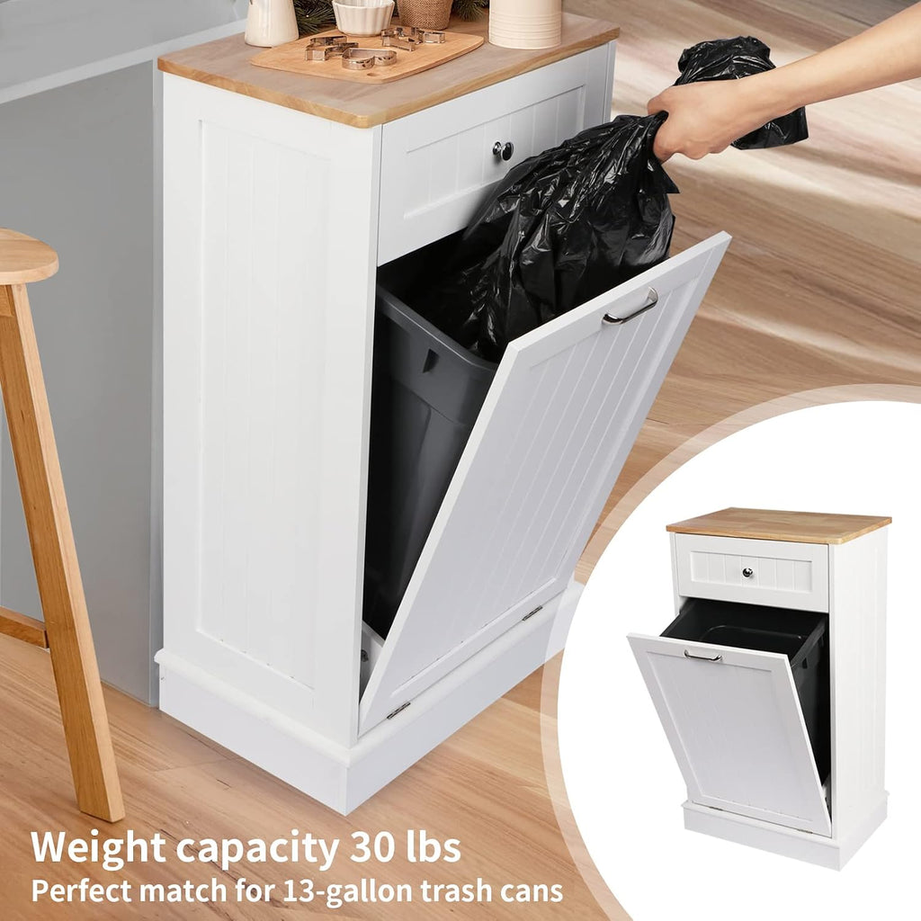 Tilt Out Trash Cabinet, Antique-Style Beadboard Kitchen Island with Solid Wood Tabletop & Drawer, Pet Proof Trash Can