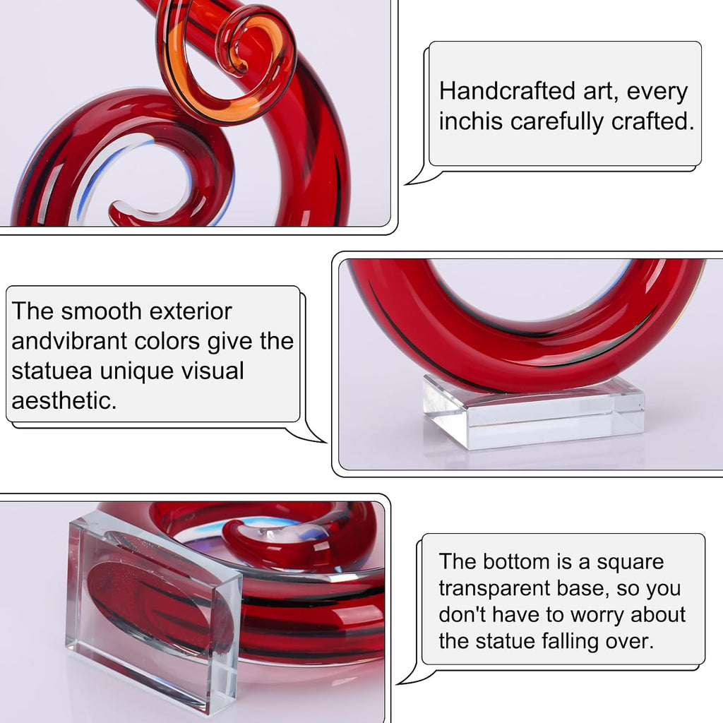 13" H Large Glass Sculpture Red Hand Blown s Art Music Decor, Modern Red Glasses Decor Crystals Statue