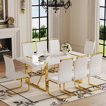 White Dining Table Set for 8, 71'' Kitchen Table and White Leather Dining Chairs Set of 8, 9 Piece Dining Room Table