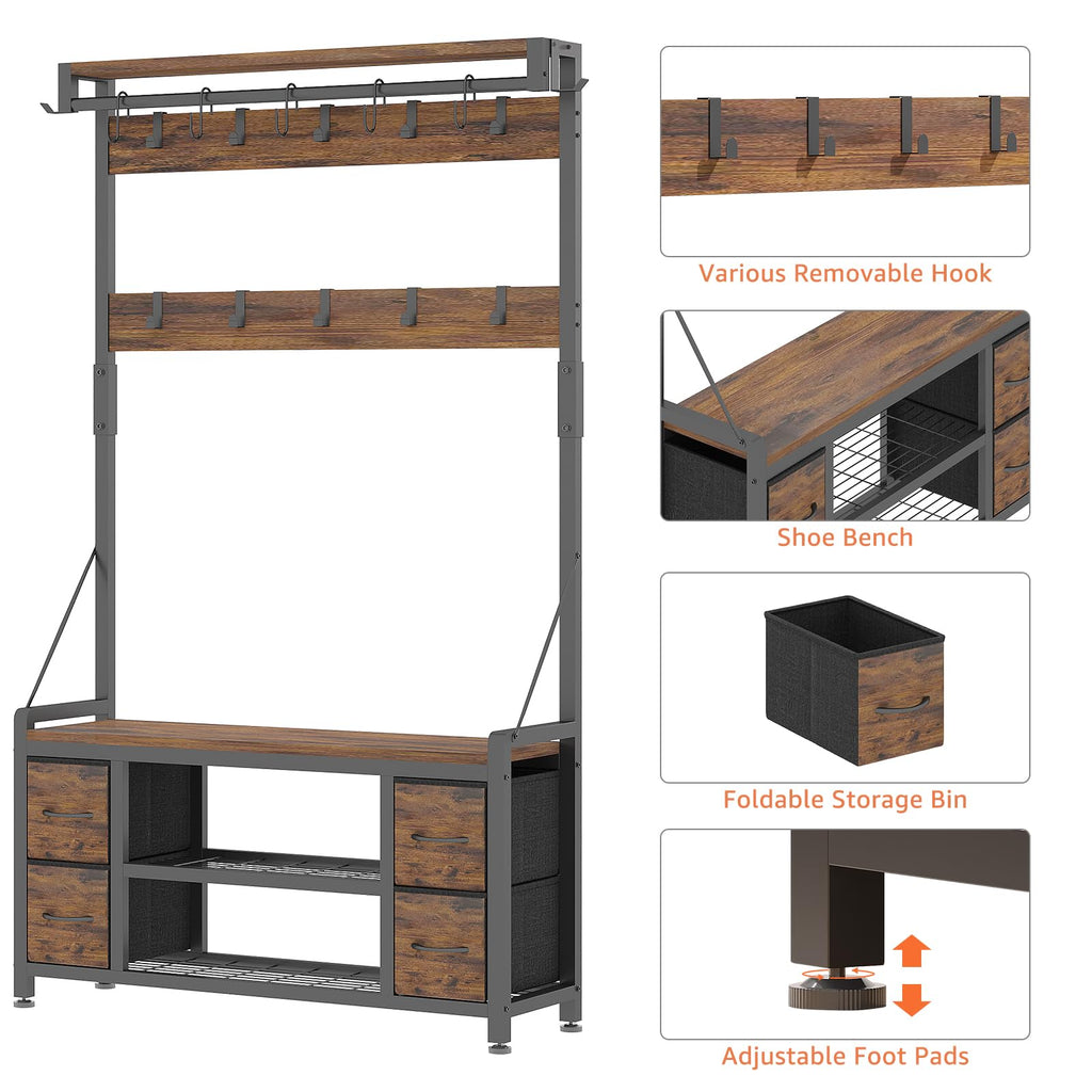 39" Hall Tree with Storage Coat Rack freestanding Entryway Furniture Bench, 5 in 1 Design Front Door Shoe Rack and