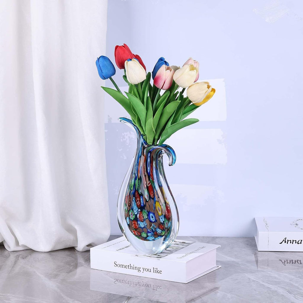 Hand Blown Glass Vase - Oval Decorative Art Glass for Centerpieces, Murano Inspired Decor, Entryway Table, or Shelf