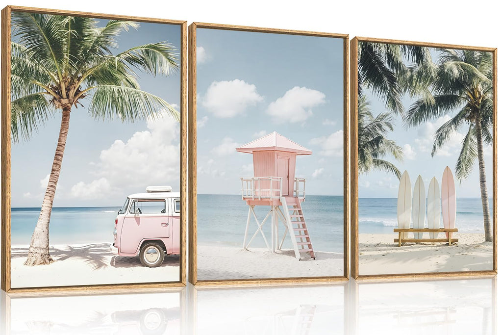 Large Beach Seascape Ocean Framed Canvas Wall Art Set, Modern Coastal Surfboard Palm Tree Wall Decor, Summer Pink Van