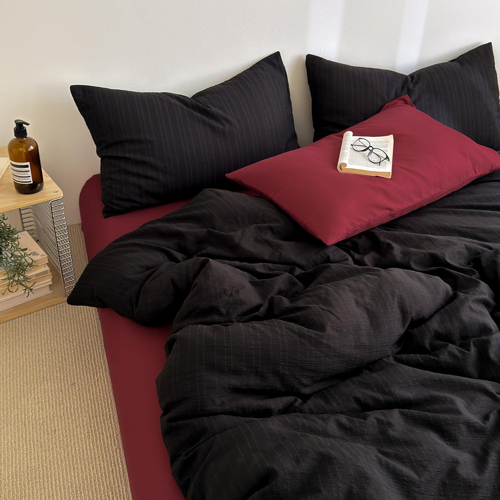 Retro Black Striped Duvet Cover 3 Pieces Textured Bedding Set