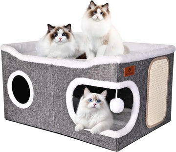 Extra Large Cat Beds for Indoor Cats, Covered Cat Cave Beds & Furniture with Scratch Pad and Fluffy Ball, Foldable