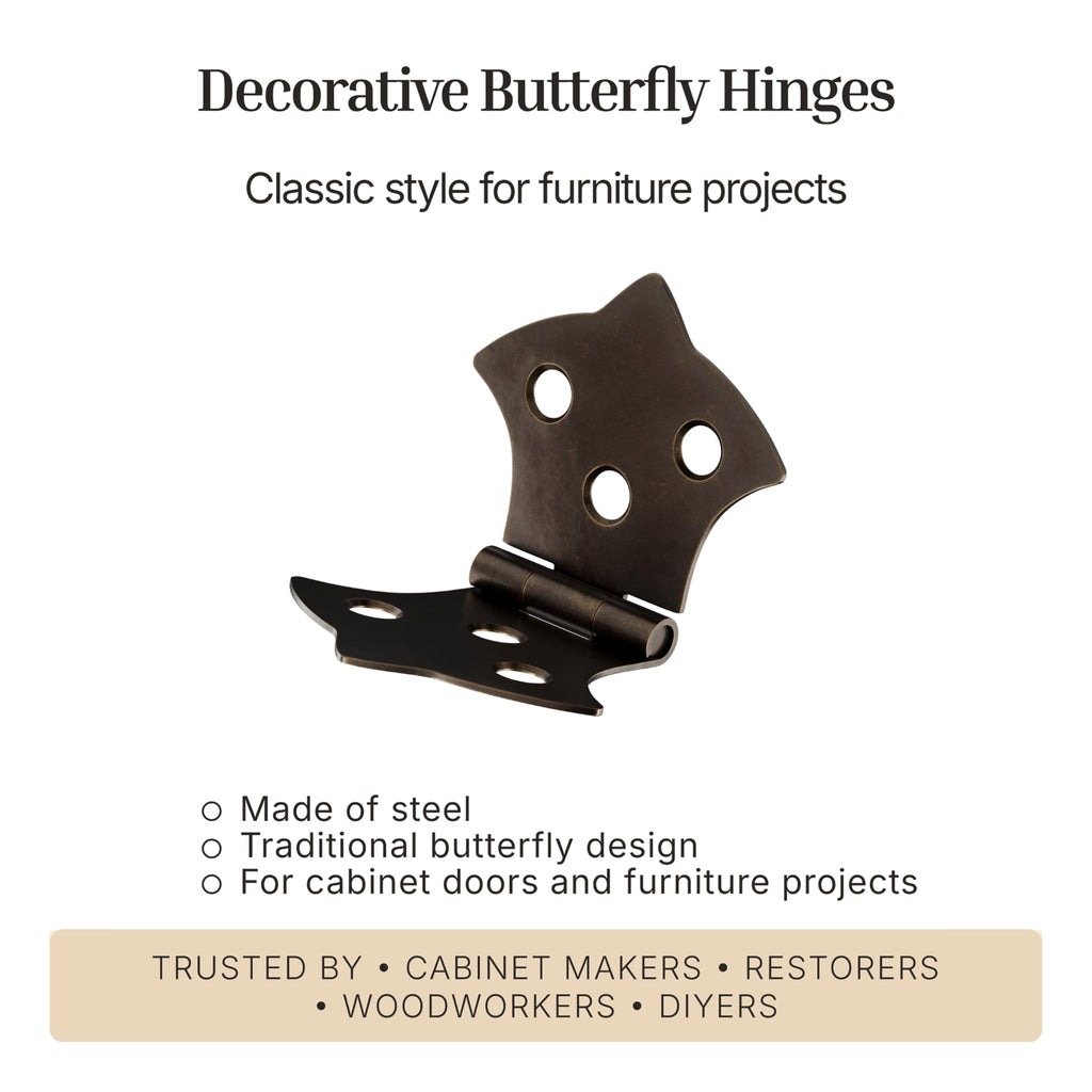 Antique Brass Butterfly Hinges - 3-1/8" x 1-7/8" - Pack of 4 - Decorative Hinges for Cabinet Doors, Trunks and Boxes