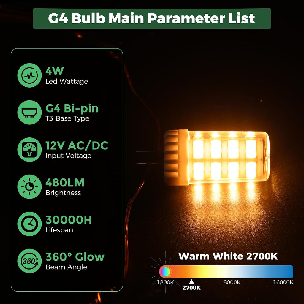 G4 LED Bulb 4W 480LM 2700K Warm White, 12V AC/DC, 360° Beam Angle, T3 Halogen Replacement, High-Efficiency Ceramic