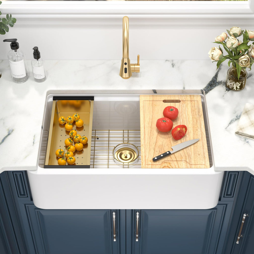32 White Undermount Farmhouse Kitchen Sink Self-Trimming