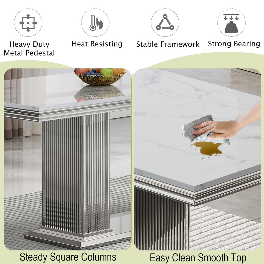 68'' Modern Faux Marble Dining Table for 4, Dual Pillar Silver Stainless Steel Pedestal, White Kitchen Table for 6