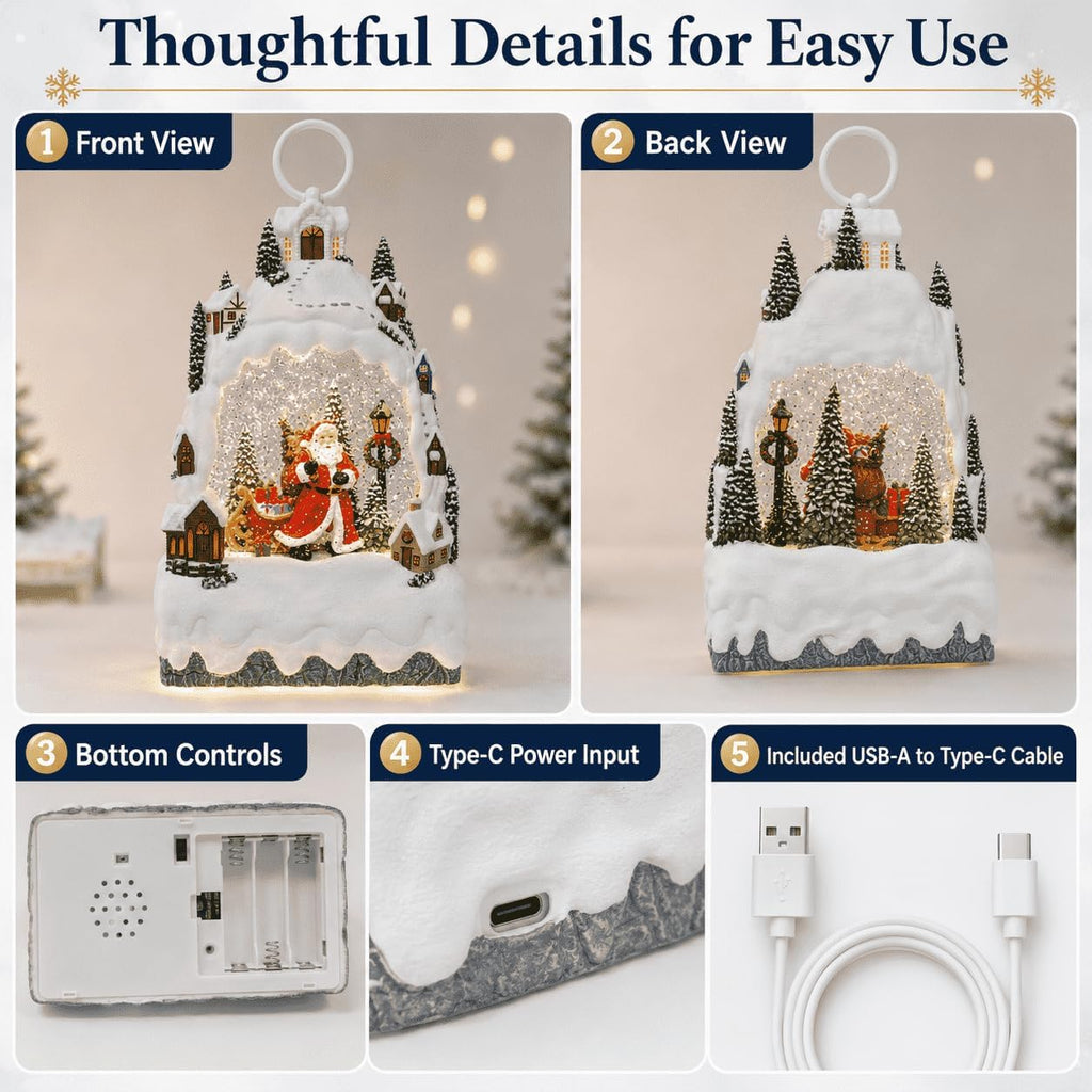 Christmas Snow Globe Lantern with 8 Songs, Santa Snow Mountain Water Globe with Swirling Silver Glitter, Warm Light