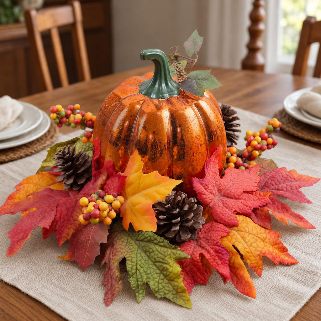 Lighted Pumpkin Fall Decor - LED Thanksgiving Decoration with Faux Maple Leaves, Berries, and Pinecones, Autumn