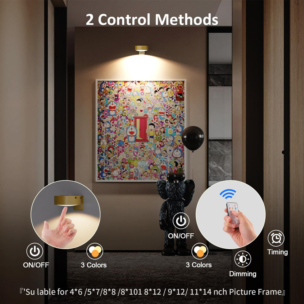Picture Lights for Wall, Rechargeable Battery Operated Wireless Magnetic Painting Lights with Remote Dimmable