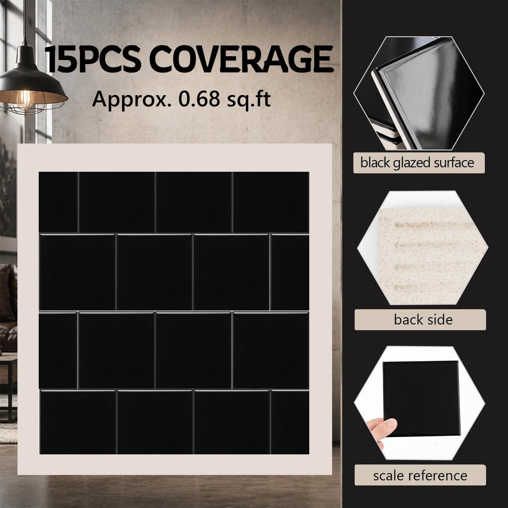 15 Pack Glossy Black Ceramic Wall Tiles, 4.25 x 4.25 Inch Square Subway Tile Thickness 8mm Backsplash, Bathroom