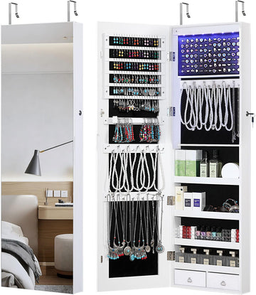 Full Length Mirror Jewelry Cabinet, 6 LEDs Jewelry Armoire Wall Mounted Over The Door Hanging, Jewelry Organizer