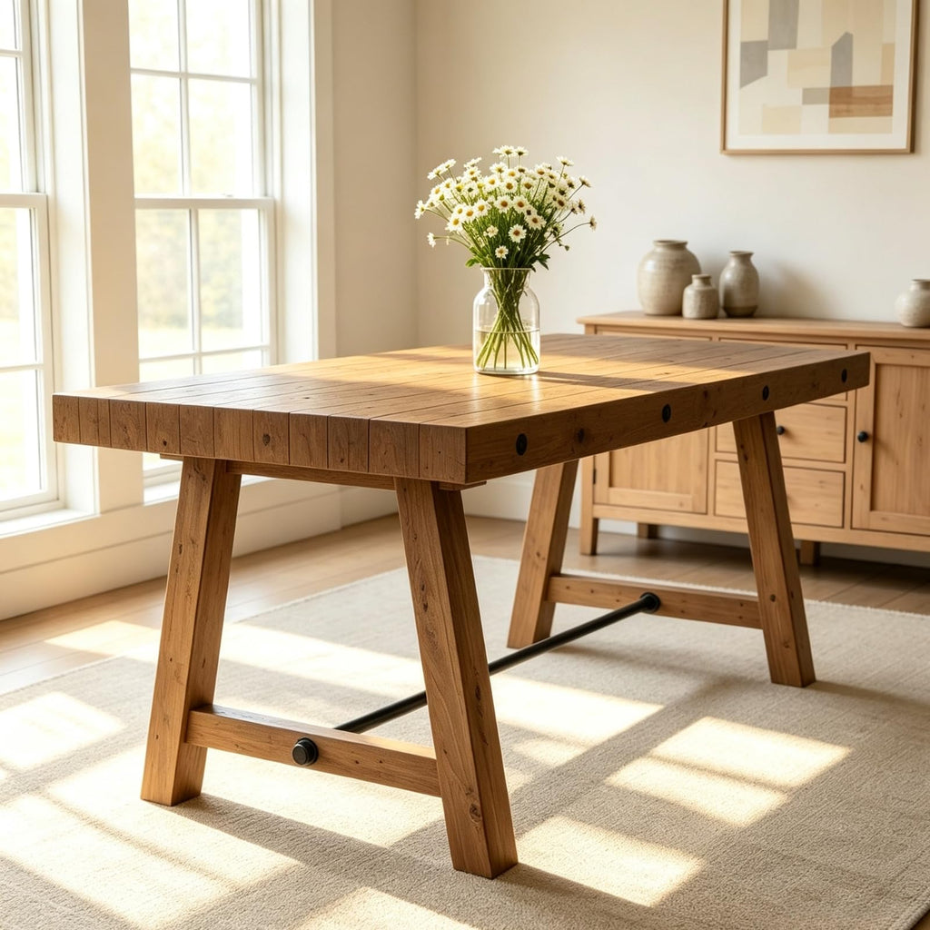 Rustic Dining Table for 4-6 People, 59" Farmhouse Rectangular Kitchen Table, Reclaimed Solid Wood Dining Room Table