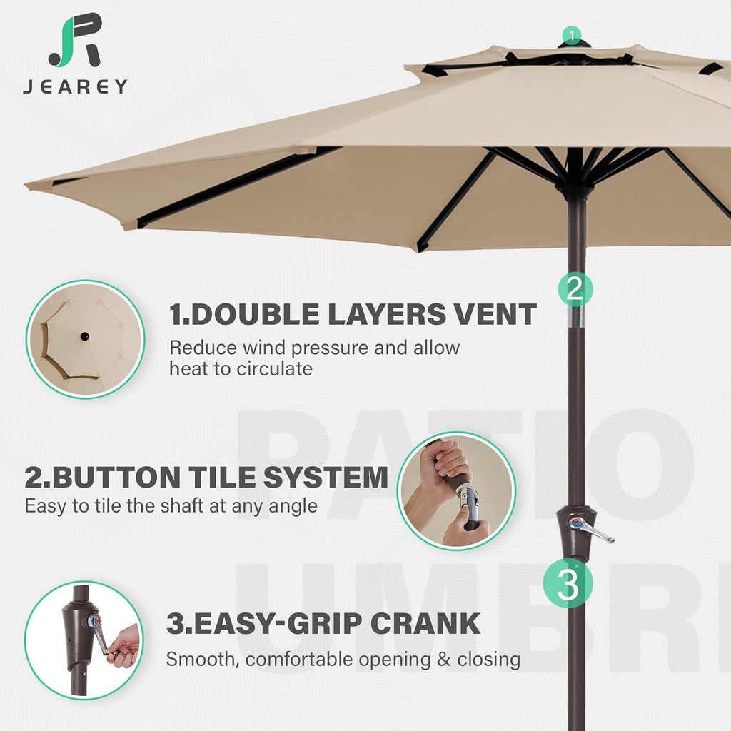 9 ft 2-Tiers Patio Umbrellas Outdoor Table Market Umbrella w/Push Button Tilt/Crank, 8 Sturdy Ribs