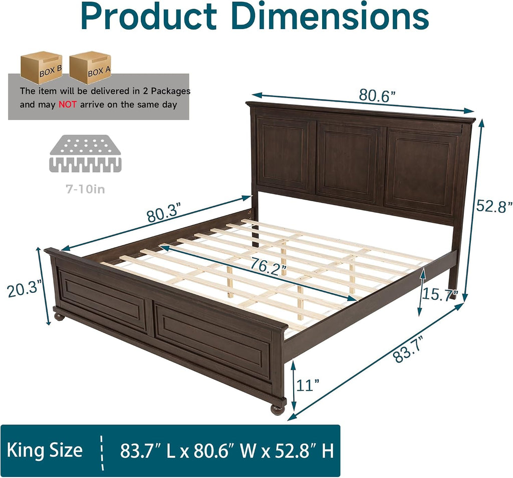 Farmhouse King Bed Frame with Tall Headboard, Wood Platform Bed and Footboard & Charging Station, Mid-Centery Rustic